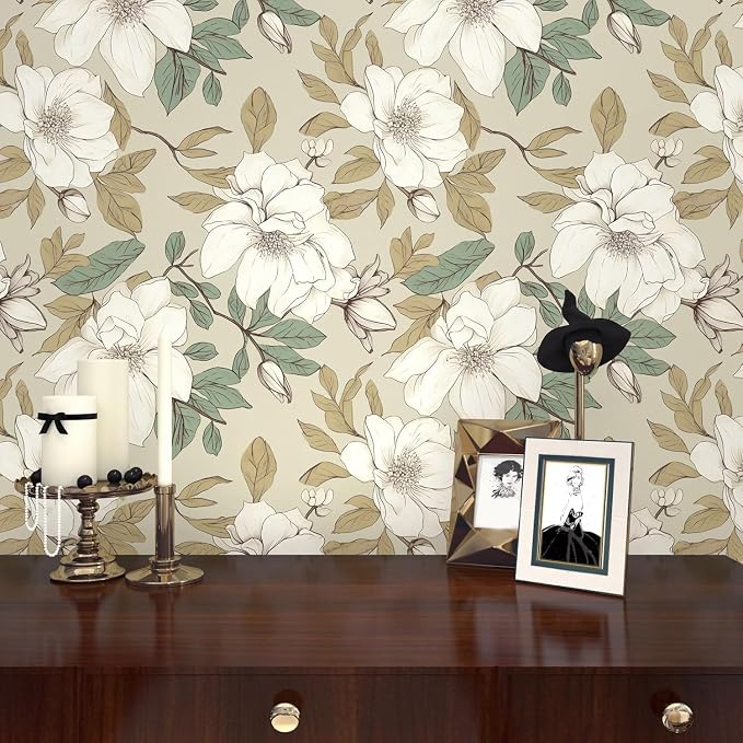 Beige Magnolia Floral Peel and Stick Wallpaper 17.5"x118" | Self Adhesive/Removable/Waterproof/Thick Vinyl Vintage Contact Paper for Bathroom Bedroom Shelf Cabinet Drawer,Prepasted