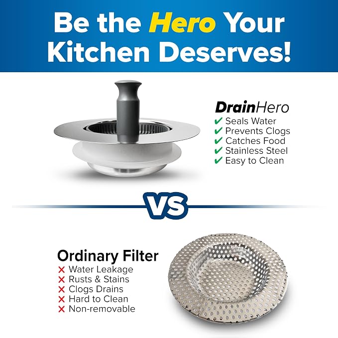 Drain Hero 3-in-1 Kitchen Sink Strainer, Stopper, & Basket | ClickLock Technology | Universal Fit 3.5" Drain Protector | Rust-Proof Stainless Steel