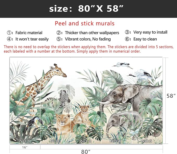 YIHWM-Peel and Stick Animal Wallpaper Tropical Rainforest Zoo Theme Mural | Tear-resistant,with a substantial feel;Will not be damaged during repositioning.Boy's Room,kids room wallpaper.S-80"x58"