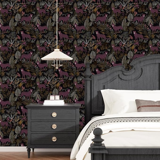Dark Pink Vintage Leopard Peel and Stick Wallpaper 17.5" x 393" | Waterproof Vinyl Self Adhesive Removable Renter Friendly Floral Contact Paper