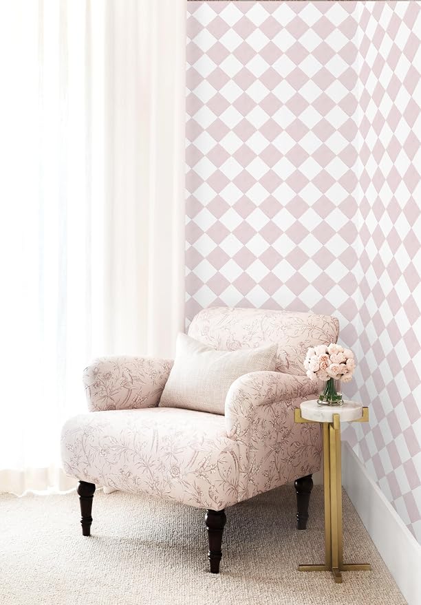 Safiyya Pink Wallpaper Geometric Checkered Peel and Stick Wallpaper Self Adhesive Removable Contact Paper Pink Check Wall Paper for Bedroom Nursery Room Cabinet 78.7"x 17.3"