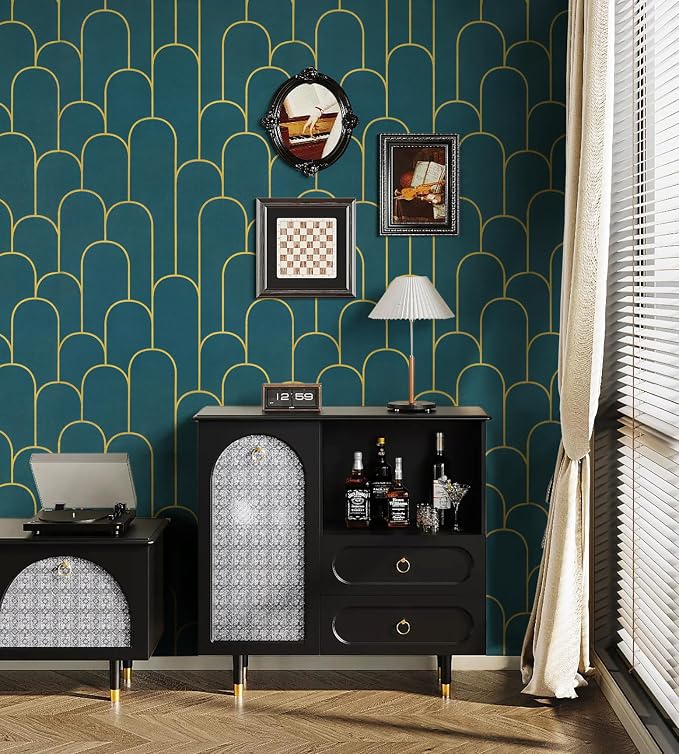 Yasinet Peel and Stick Wallpaper Green and Gold Wallpaper Dark Green Contact Paper Modern Geometric Removable Self Adhesive Wall Paper for Bedroom/Cabinet Waterproof for Bathroom Vinyl 197" x 17.3"