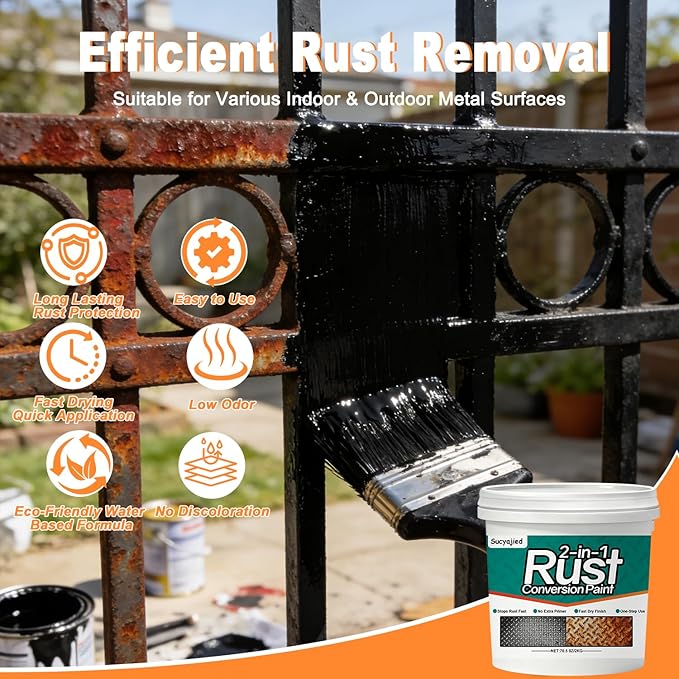 Metal Paint, 2-In-1 Rust Converter for Metal, Rust Remover for Primer, Rust Reformer Conversion Paint, Anti-Rust Inhibitor Heat & UV Resistant for Rusty Trailer Chassis Frame (35 Oz/Black)