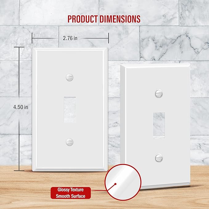 ENERLITES Toggle Light Switch Metal Cover Plate, Wall Plate, Corrosion Resistant, Standard Size 1-Gang 4.50" x 2.76", Powder Coated Stamped Steel, 7711-WG, White Gloss