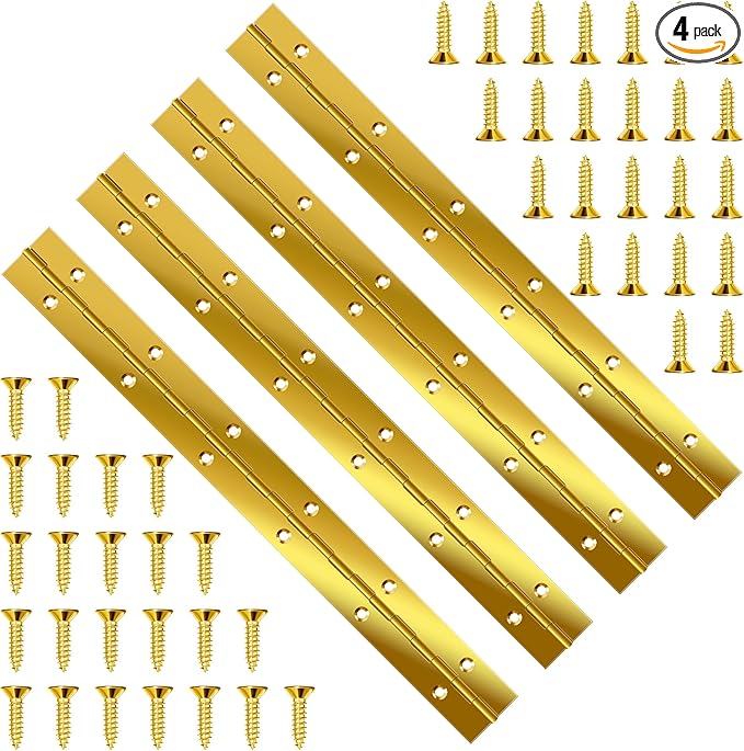 4 PCS 12 Inch Stainless Steel Piano Hinge Heavy Duty with 48pcs Screws for Cabinets Boat Marine Door DIY Woodworking Storage Box Hatche Furniture Hardware Golden
