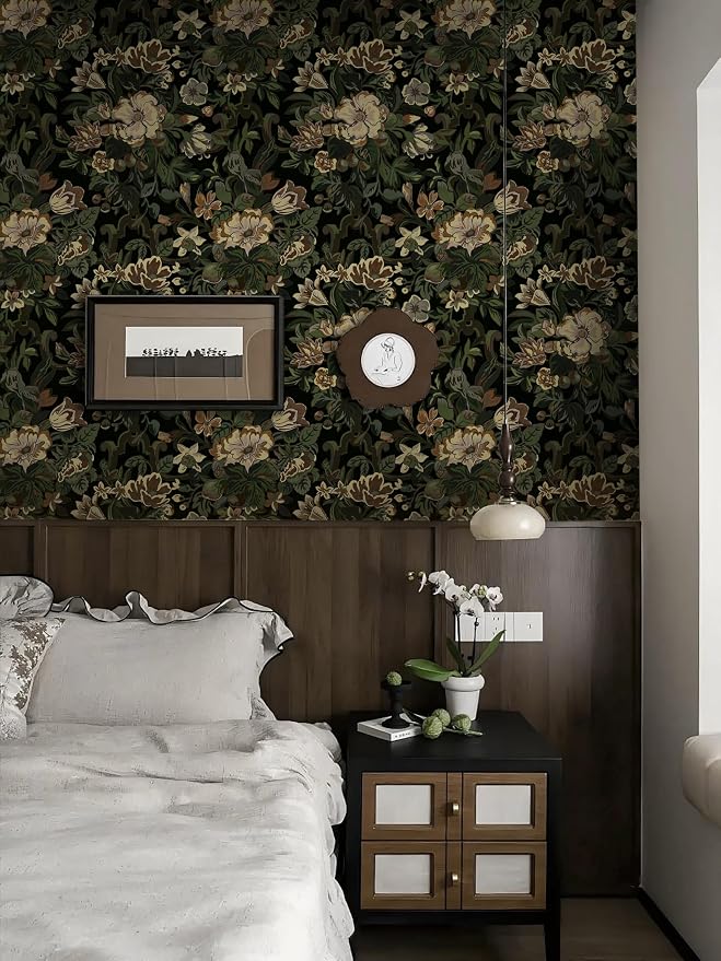 Dimoon 17.3"x393" Dark Wallpaper Peel and Stick Moody Vintage Victorian Floral Contact Paper Green Gothic Wallpaper for Bedroom Flower Leaf Yellow Renter Friendly Wall Paper Removable Vinyl Roll