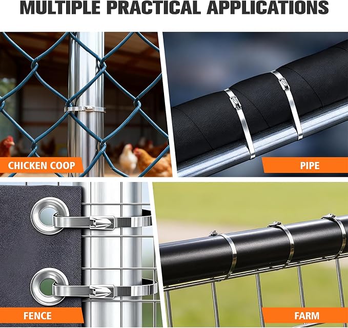 Heavy Duty 304 Stainless Steel Cable Tie Gun Kit - 100PCS 11.8" Metal Zip Ties (200LBS) + Industrial Scissors, UV Resistant Tool - Fence Ties, Exhaust Pipe, Chicken Coop, Industrial Use