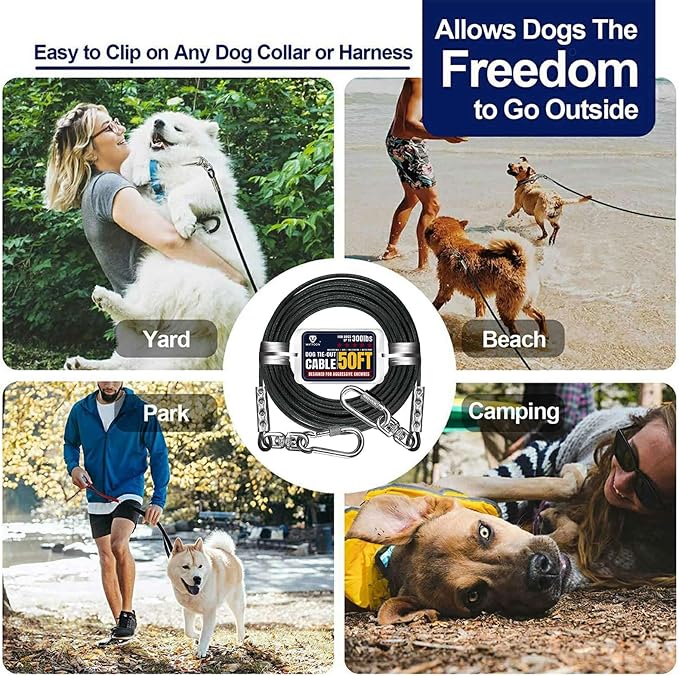 WATFOON 50Ft Dog Tie Out Cable, Training Leads Dog Run Leash for Yard, Reflective Heavy Duty Pet Runner Cable for Dogs Up to 300 Pounds, 1000lbs Break Strength Camping Steel Wire Chain