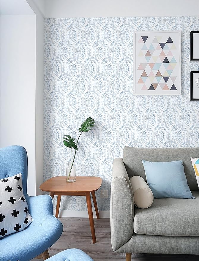 Peel and Stick Wallpaper Modern Wall Paper Boho Contact Paper Removable Peel and Stick Blue and White Self-Adhesive Wallpaper for Bathroom Bedroom Kitchen Wall Decor 17.3" x 394"