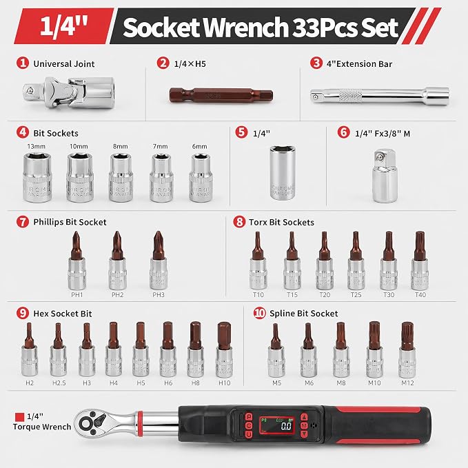 1/4" Digital Torque Wrench Set, 0.74-48 Ft-Lb(1-65Nm), ±2% CW Accuracy, Peak & Track Mode, Backlit LCD, 4" Extension Bar, Adapter, Universal Joint, Sockets Bits for Bicycle Motorcycle Auto DIY Repair