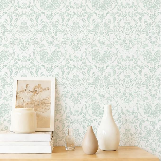 Ismoon Peel and Stick Wallpaper Green Contact Paper 17.3in x 6.56ft Vintage Floral Wallpaper Boho Damask Removable Textured Wall Paper for Bedroom Bathroom Shelf Cabinet Décor