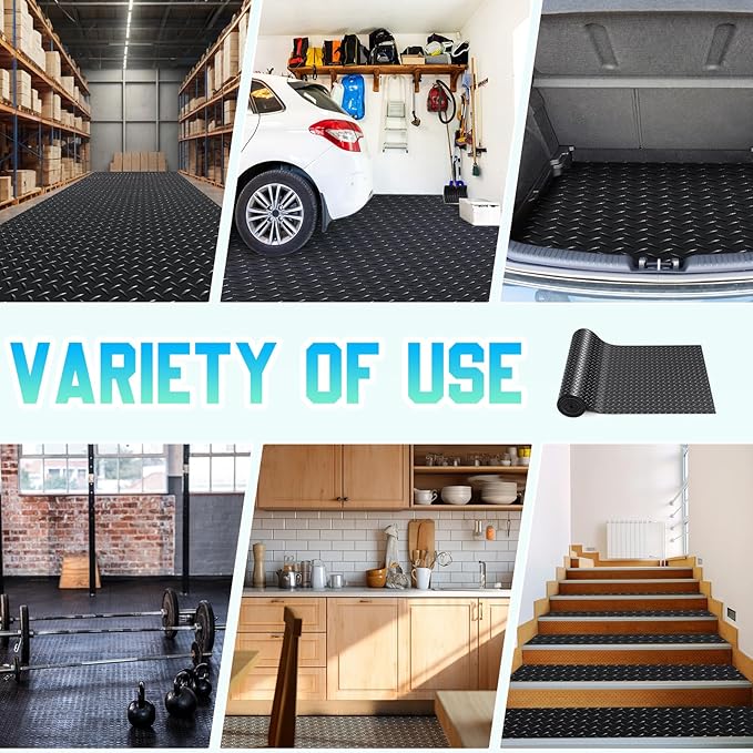 Breling 12 in x 20 ft Rubber Flooring Rolls Mats, Heavy Duty Diamond Plate Garage Floor Mat, PVC Water/Stain Outside Resistant Parking Rv Trailer Flooring (Black)