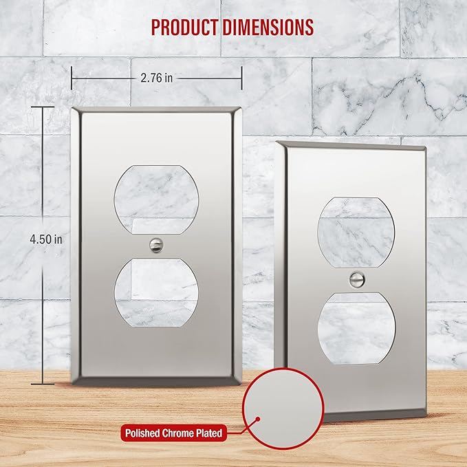 ENERLITES Duplex Receptacle Outlet Metal Wall Plate, Stainless Steel Outlet Cover, Corrosion Resistant, Size 1-Gang 4.50" x 2.76", Stainless Steel 201, 7721-PC, Polished Chrome, Silver