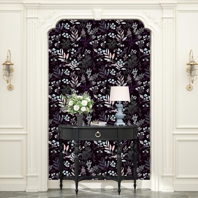 Laatse Vintage Purple Wallpaper Peel and Stick Dark Pink Floral Wallpaper 17.5'' x 393'' Purple Leaf Contact Paper Vinyl Waterproof Self Adhesive Boho Botanical Wall Paper for Bedroom Cabinet Décor