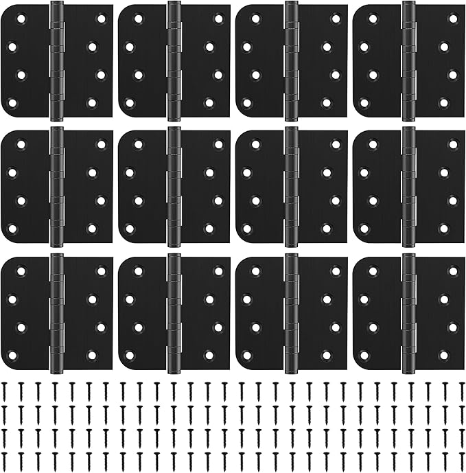 KOLET Ball Bearing Door Hinges, 4 x 4 Inches Black Door Hinges, Heavy Duty Stainless Steel Hinges, Square and 5/8'' Radius Corner, Smooth and Quiet, Non Removable Pin, Matte Black, 12 Pack