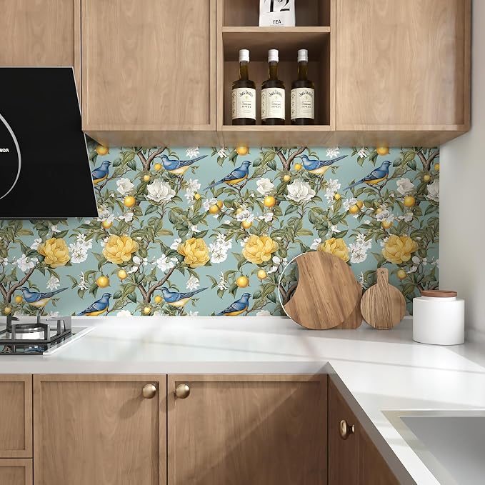 Danodoi Green Vintage Lemon Bird Peel and Stick Wallpaper 17.5" x 393" | Waterproof Vinyl Self Adhesive Removable Renter Friendly Floral Contact Paper