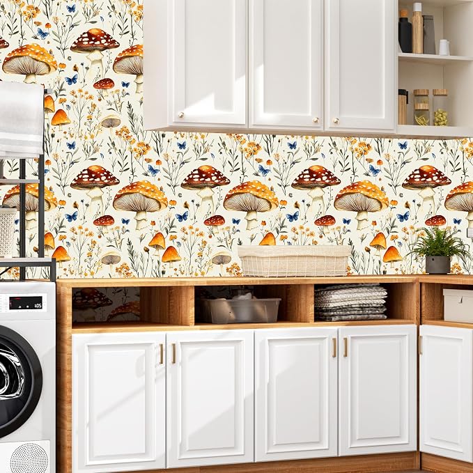 BOKEBEVE Mushoroom Wallpaper Peel n Stick Boho Beige Yellow 17.5 x 393.5In | Extra Long Removable Renter Friendly Vintage Floral Wall Paper for Bedroom Bathroom Cabinet Drawer Feature Accent Wall