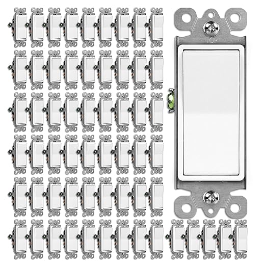 BESTTEN 60 Pack 3-Way Decorator Paddle Rocker Wall Light Switch, Single Pole or Three Way, 15A 120V/277V, On/Off Interrupter, UL Listed, White