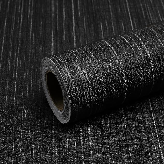 Black Grasscloth Peel and Stick Wallpaper Vintage Texture Removable Waterproof Wallpaper for Room Walls, Cabinets, Furniture, Drawers, Desk A Set of 23.6"x480"