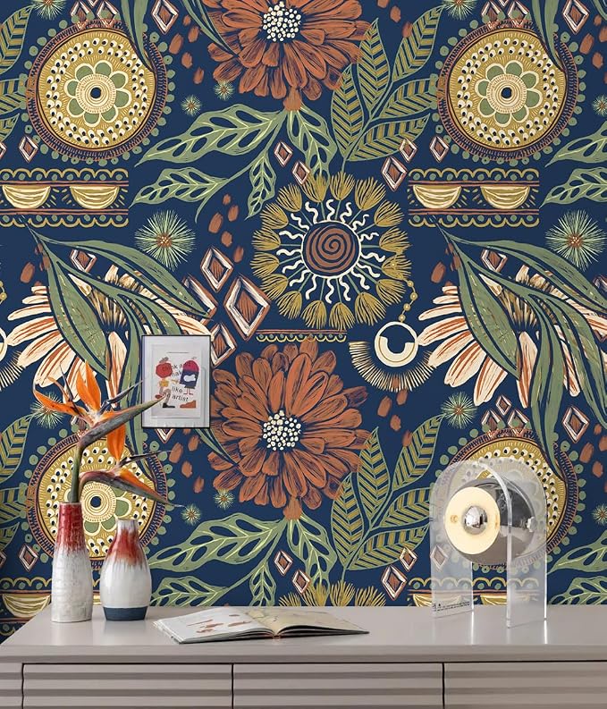 HAOKHOME Peel and Stick Wallpaper Boho Retro Floral Wall Paper Navy Orange Oliva for Bedroom Kitchen Accent Wall 17.3in x 32.8ft