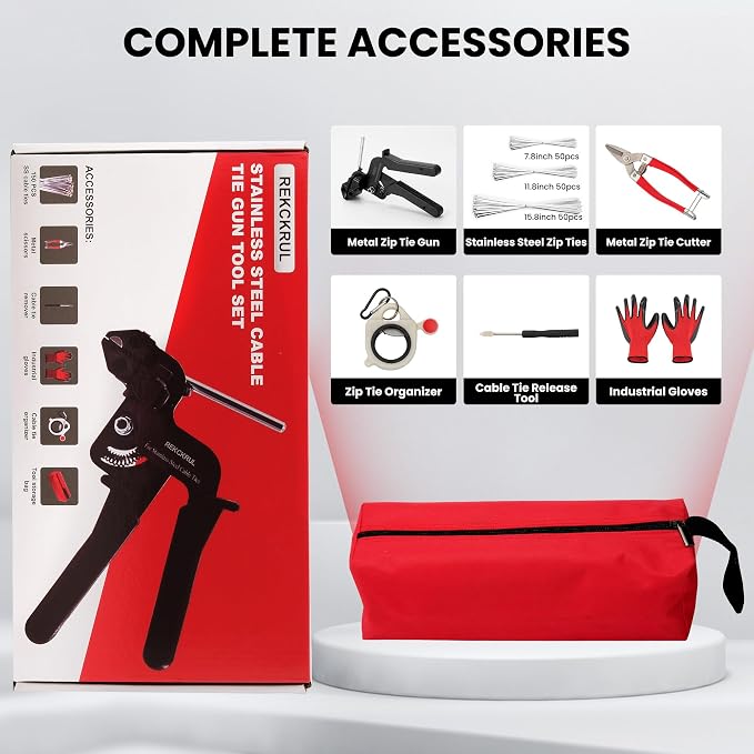 Stainless Steel Cable Tie Gun Set Metal Zip Tie Tool Kit (Black) | Heavy Duty, 150PCS Self-Locking Ties, Adjustable Fastening & Cutting Tool for Outdoor Fencing, Automotive, Exhaust Pipes