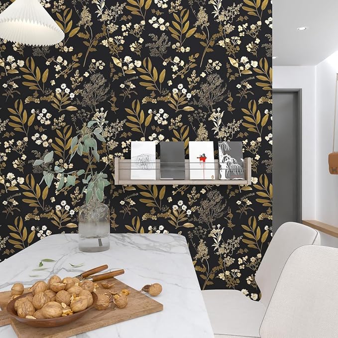 Vintage Floral Peel and Stick Wallpaper 17.5'' x 787'', Black Gold | Self Adhesive/Removable/Waterproof/Thick Vinyl Extra Long Contact Paper for Bathroom Bedroom Shelf Cabinet Drawer,Prepasted