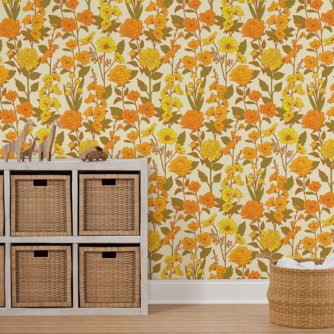 Spoonflower Retro Floral Yellow Peel and Stick Removable Wallpaper | Roll 24" x 108" | Orange Green 1970S Flowers Botanical | Self-adhesive, removable and renter-friendly