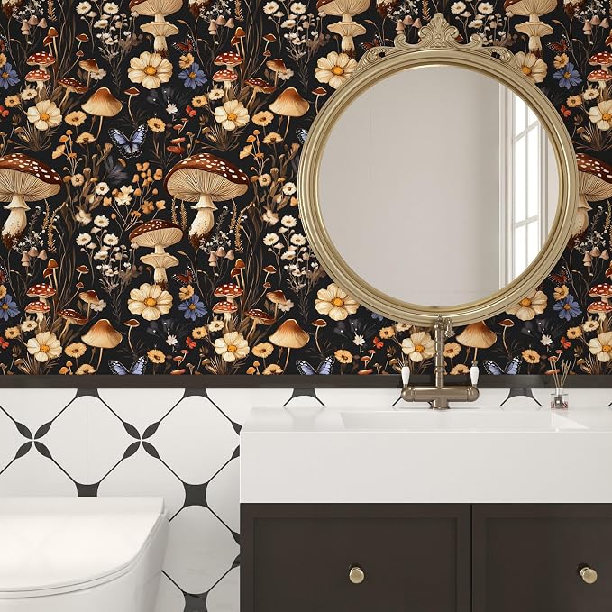 BOKEBEVE Mushoroom Wallpaper Peel and Stick Boho Black Brown 17.5 x 118In | Removable Self Adhesive Renter Friendly Vintage Floral Wall Paper for Bedroom Bathroom Cabinet Drawer Feature Accent Wall