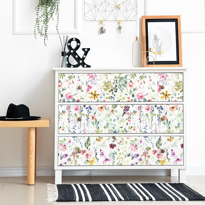 VEELIKE 17.7''x118'' Watercolor Field Flower Wallpaper Peel and Stick Vintage Floral Wallpaper for Bedroom Bathroom Nursery Removable Self Adhesive Floral Contact Paper for Cabinets Drawers Walls