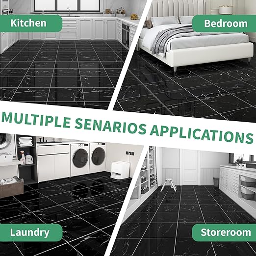 20-Pack Peel and Stick Floor Tiles Vinyl Floor 12 x 12 inch Self Adhesive Waterproof Flooring Planks DIY for Bathroom, Kitchen, Living Room, RV, Cover 20 Sq. Ft, Polish Black Marble