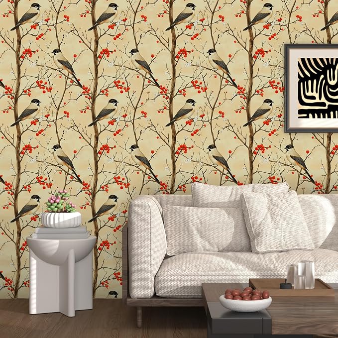 Yellow Bird Wallpaper Peel and Stick, Vintage Tree Botanical Contact Paper 17.5" x 393", Retro Floral Fruits Wall Paper Self Adhesive Removable Waterproof for Bedroom Walls Shelf Cabinet Drawer Table