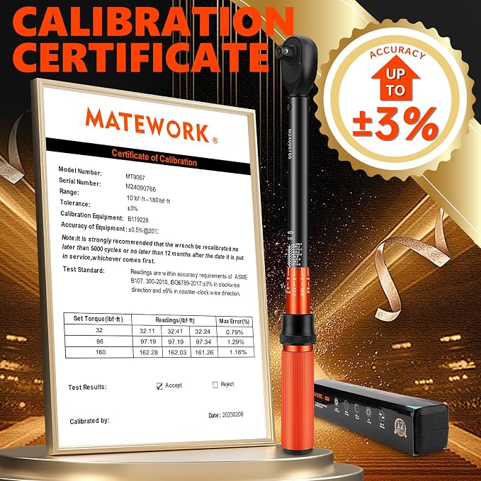 Matework 1/2 Inch Drive Click Torque Wrench, 10-180 ft.lb/13.6-244.1 Nm, ±3% High Precision Lug Nut Torque Wrench with 72 Tooth Dual-Direction for Moto, Wheel Tire and Car Repair