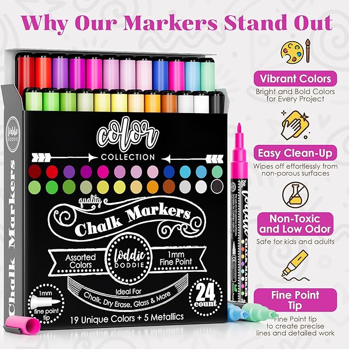 Loddie Doddie Liquid Chalk Markers - 24 Pack, 1mm Tip, Multicolor - Chalk Paint Finish - Vibrant Chalkboard Markers - Easy-Clean Wet Erase