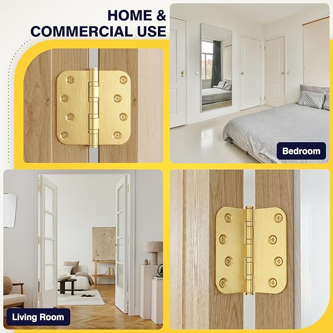KOLET Ball Bearing Door Hinges, 4 x 4 Inches Brushed Gold Door Hinges, Heavy Duty Stainless Steel Hinges, 5/8'' Radius Corner, Smooth and Quiet, Non Removable Pin, Brushed Gold, 3 Pack