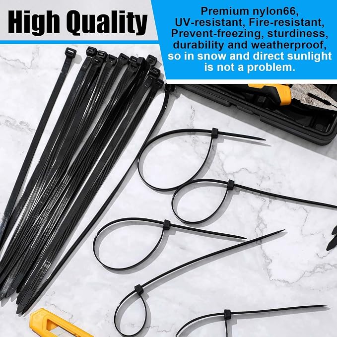 Reallnaive 1000 Pcs 8 Inch Zip Ties Heavy Duty 120 Lbs Tensile Strength Black Nylon Wire Cable Ties Bulk for Indoor Outdoor
