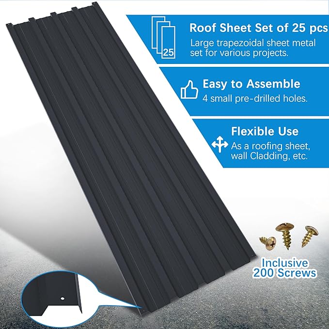 25 pcs Metal Roofing Panels 5ft Galvanized Steel Corrugated Roof Panels Gazebo Top Cover Garages,Sheds, Stables and Mobile Homes Replacement for Patio Outdoor Garden, Black 176.5 ft²
