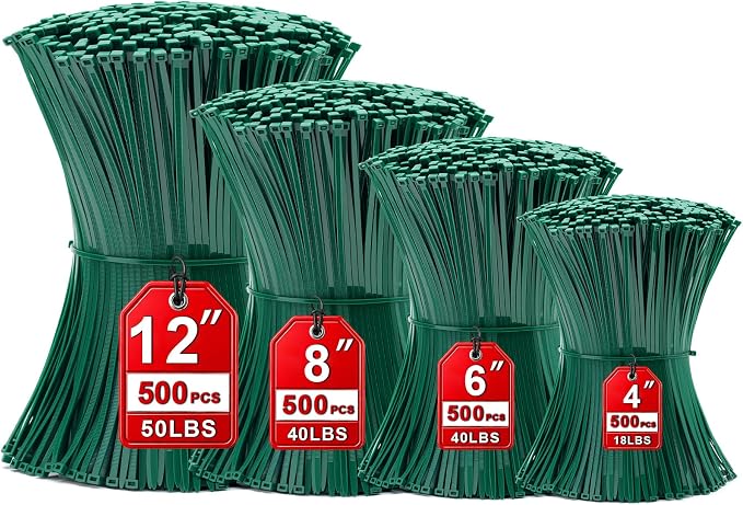 Zip Ties Assorted Sizes(4”+6”+8”+12”), 2000 Pack,Green Cable Ties,Multi-Purpose Self-Locking Nylon Cable Cord Management,Plastic Wire Ties for indoor and outdoor use.