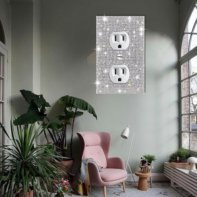 4 PC Shiny Silver Rhinestones Outlet Covers Wall Plates Light Switch Cover Plate Outlet Cover Rhinestones Outlet Plate Decoration Wall Electrical Outlet Cover Plates