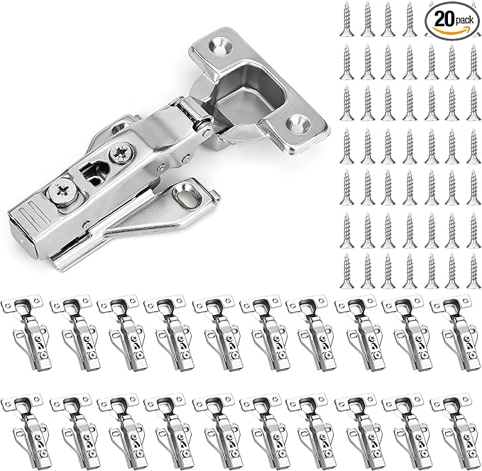 20 Pack 1/2'' Overlay Face Frame Soft Close Hidden Cabinet Hinges, 105 Degree 3D Adjustable Clip On Plate Concealed Kitchen Cupboard Door Hinges with Screws