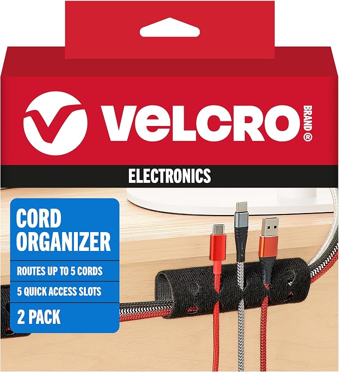 VELCRO Brand Cord Organizer for Desk & Nightstand, 5 Cable Slots with Sleeve Routing, Adhesive Wire Holder for Cord Management, Home, Workshop, Gaming & Office Essentials, Black 2 Pack