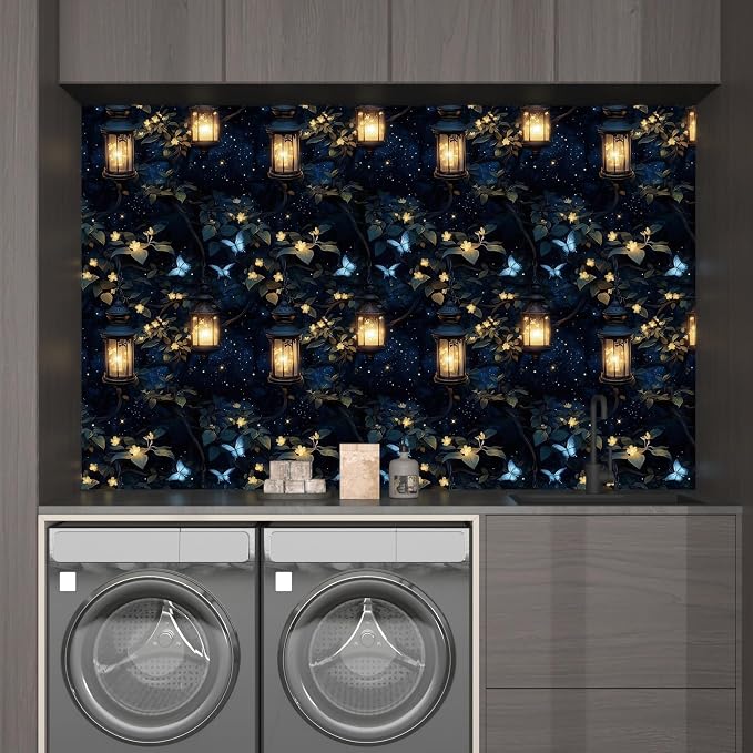 Night Forest Wallpaper Peel and Stick Dark Contact Paper Vintage Green Leaf Wall Paper Vinyl Waterproof Self Adhesive Retro Lantern Butterfly Walls Mural for Bedroom Cabinet Table Décor17.5" x 393"