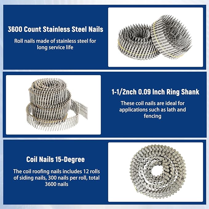 3600 Count Stainless Steel Coil Nails 15-Degree Collated Wire Coil Nails 1-1/2 Inch, 0.09 Inch Ring Shank `