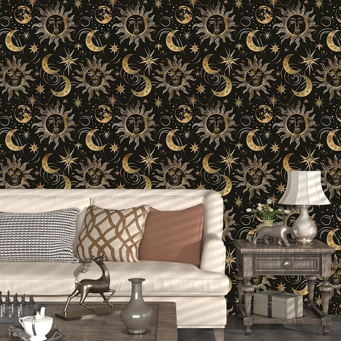 Laatse Black Peel and Stick Removable Vintage Wallpaper Gold Celestial Sun Moon Star Contact Paper 17.5" x 393" Dark Boho Mural Waterproof for Wall Bedroom Kitchen Bathroom Cabinet Room Decor