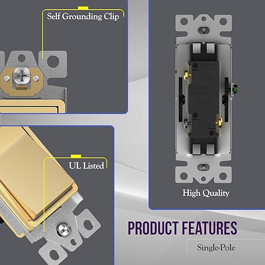ENERLITES 3-Way Decorator Paddle Light Switch, Gloss Finish, Single Pole or Three Way, 3 Wire, Grounding Screw, Residential Grade, 15A 120V/277V, UL Listed, 93150-GD, Gold