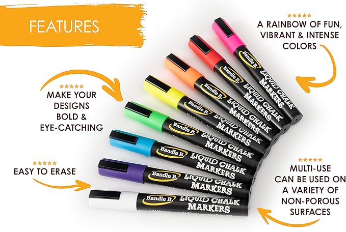 Bandle B. Chalk Markers - 8 White, Erasable, Non-Toxic, Water-Based, Reversible Tips, Crisp White For Kids and Grown-Ups for Glass and Chalkboard Markers for Businesses, Restaurants (6mm)