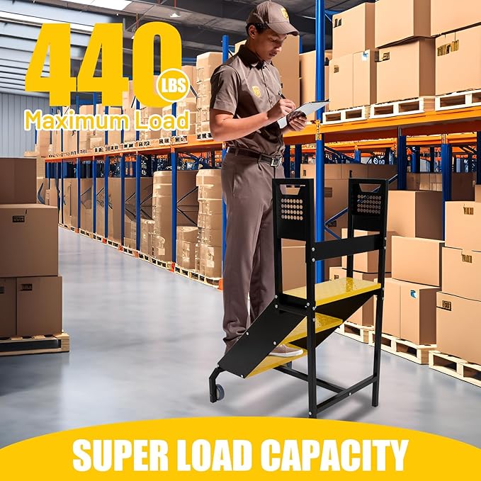 3-Step Steel Ladder with Wheels & Handrails, 440 lbs Load Capacity Heavy Duty Rolling Stairs with Tool Panels, 30" Top Step Height, Non-Slip Pedal Mobile Step Stool for Industrial & Warehouse
