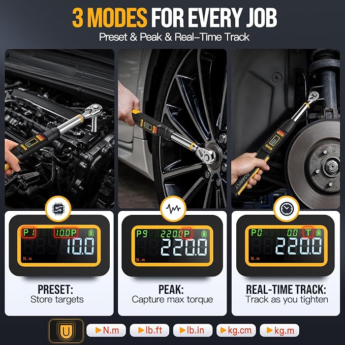 3/8 Digital Torque Wrench Set for Automotive 0-220Nm ±1% Precision | 1/2 1/4 3/8 Drive, LED+Buzzer Alerts, 10 Presets & 400 Data Logs, Preset/Real-Time/Peak/Modes for Car Repair & Maintenance