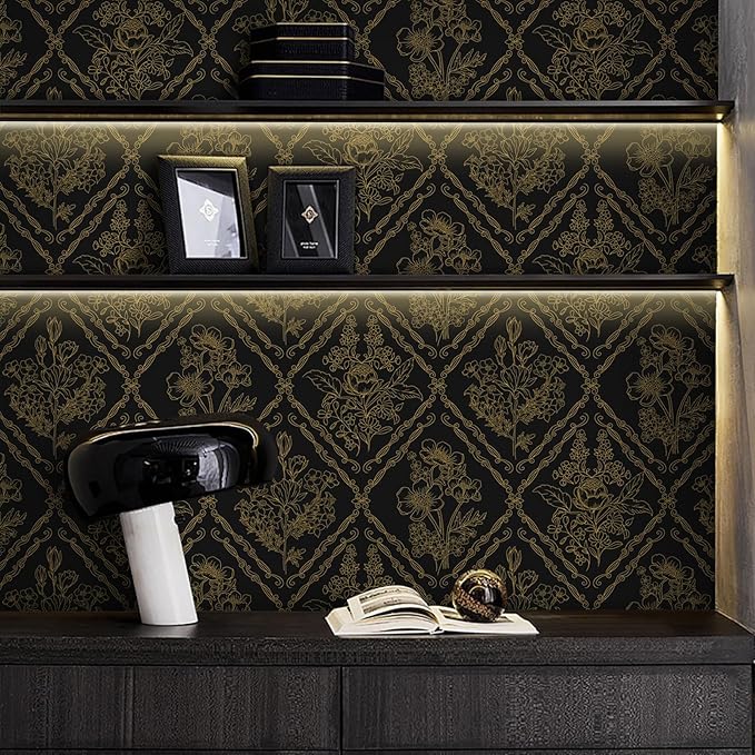 Toduso Peel and Stick Wallpaper Vintage Wall Paper Boho Contact Paper Black and Gold Floral Removable Wallpaper for Bathroom Bedroom Flower Waterproof Self Adhesive Vinyl Drawer Decor 17.3"x393.7"