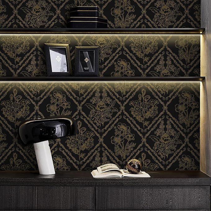 Toduso Peel and Stick Wallpaper Vintage Wall Paper Boho Contact Paper Black and Gold Floral Removable Wallpaper for Bathroom Bedroom Flower Waterproof Self Adhesive Vinyl Drawer Decor 17.3"x78.7"