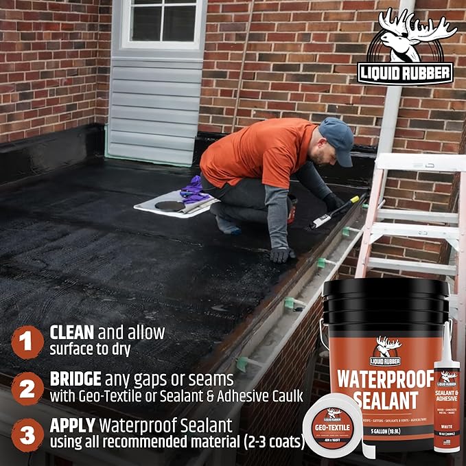 Liquid Rubber Waterproof Sealant – DIY Leak Repair Coating for Flat, Metal & Low Slope Roofs, Foundations, Gutters & More – Flexible Protective Membrane - Black - 1 Quart